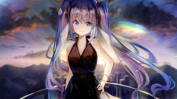 Long Hair Blue Eyes Anime Girl With Black Dress Standing In Sky Background Anime Girl HD wallpaper