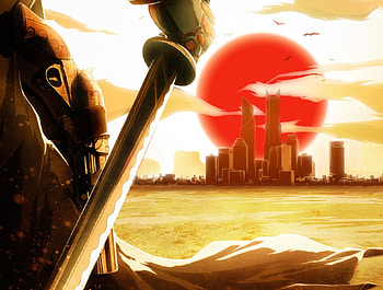 warrior, sword, city, sunset HD wallpaper