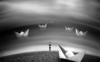 Folded Dreams, gray, boats, figure, sky, paper, floating HD wallpaper