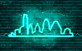 Austin turquoise neon silhouette, , turquoise neon lights, Austin skyline silhouette, turquoise brickwall, american cities, neon skyline silhouettes, USA, Austin silhouette, Austin HD wallpaper