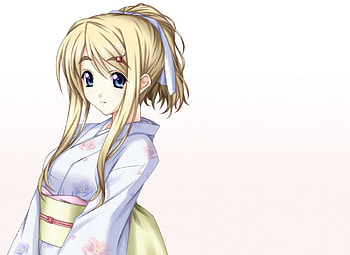 Tsumugi Kotobuki, blond hair, blonde, yukata, uniform, Kotobuki, school uniform, maiden, female, plain, sexy, white, blue eyes, kon, ribbon, hot, girl, cup, anime girl, simple, anime, mugi, kimono, cute, long hair, beauty, lady, k on, abstract, skirt, blond, beautiful, Tsumugi HD wallpaper