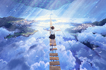 Anime girl walking on dream bridge, clouds, artwork HD wallpaper