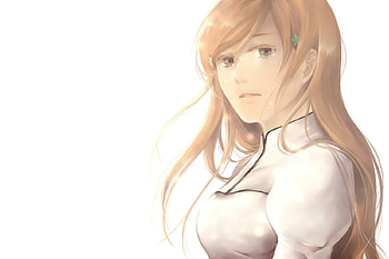 Orihime Inoue, brown eyes, orange hair, orihime, tears, white background, inoue orihime, long hair, anime girl, bleach, lone, anime, crying, female HD wallpaper
