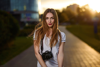 Woman with camera, blonde, outdoor HD wallpaper