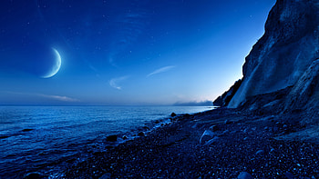 Nightfall Mountain Sea Moon, nightfall, mountain, sea, moon, nature HD wallpaper