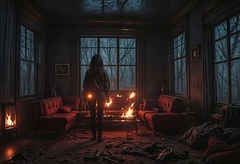 Burned house, forest view, dark, abandoned, post apocalyptic, woman, Melancholic HD wallpaper