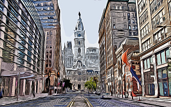 Philadelphia, , vector art, Philadelphia drawing, creative art, Philadelphia art, vector drawing, Philadelphia City Hall, Philadelphia cityscape, Pennsylvania, USA HD wallpaper