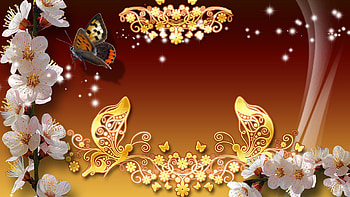 Sakura Stars and Smoke, brown, butterfly, gold butterflies, shine, smoke, stars, cherry blossoms HD wallpaper