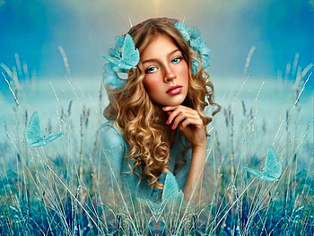 Natural Beauty, Delicate, White, GREEN, FLOWERS, GIRL, Dreamy, BLUE, Soft HD wallpaper