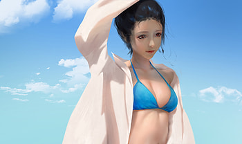 Summer girl, summer, blue, swimsuit, fantasy, shiwen liu, girl, luminos, vara HD wallpaper