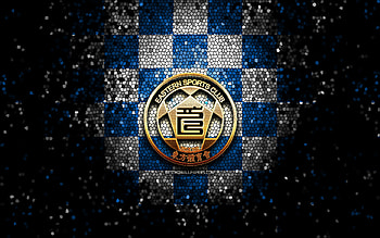 Eastern SC, glitter logo, Hong Kong Premier League, blue white checkered background, soccer, Hong Kong football club, Eastern AA logo, mosaic art, Eastern AA, football, Eastern FC HD wallpaper