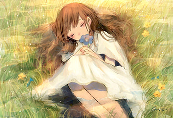 Lying down and relaxed, anime girl, original, grassland HD wallpaper