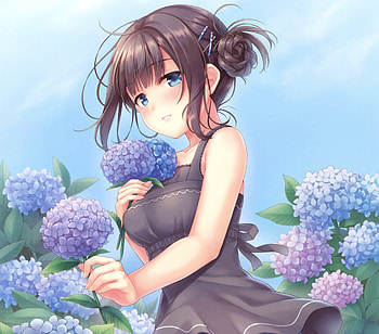 Flowers, blue, cute anime girl HD wallpaper