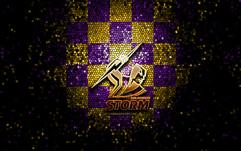 Melbourne Storm, glitter logo, NRL, yellow violet checkered background, rugby, australian rugby club, Melbourne Storm logo, mosaic art, National Rugby League HD wallpaper