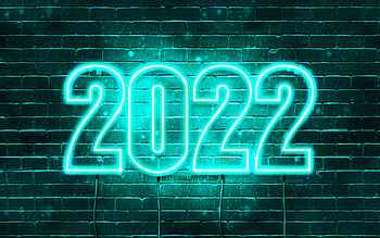2022 turquoise neon digits, , Happy New Year 2022, turquoise brickwall, horizontal text, 2022 concepts, wires, 2022 new year, 2022 on turquoise background, 2022 year digits HD wallpaper