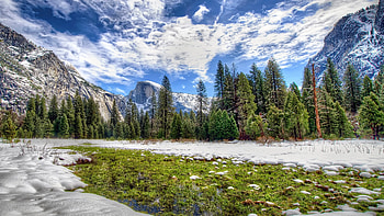 Yosemite National Park, river, california, landscape, clouds, trees, sky, mountains, usa HD wallpaper