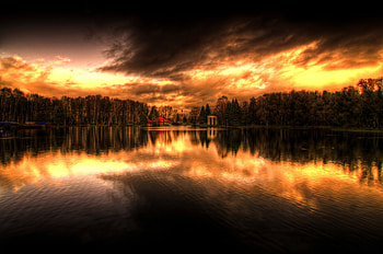 Nature, Sunset, Sky, Reflection, Shore, Bank, Forest, House, Evening HD wallpaper