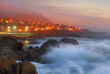Night waves, night, shore, waves, city, lights, rocks, ocean HD wallpaper