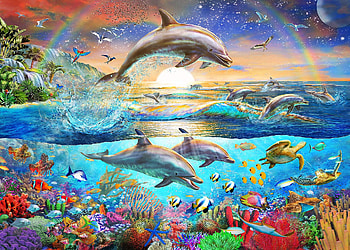 Sealife, blue, colorful, adrian chesterman, dolphin, summer, fantasy, luminos, fish, water, vara HD wallpaper
