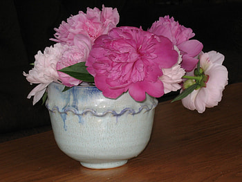Peonies in blue-glazed bowl, blue, crimped decoration, dark background, pink flowers, deep bowl HD wallpaper
