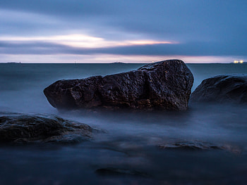 Evening, mist, coast, rocks, nature HD wallpaper