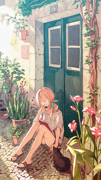 Sunlit Reading: Long‑Haired Anime Girl & Cat — Floral , book, cat, flower, long hair, Anime, Original, anime cat HD phone wallpaper