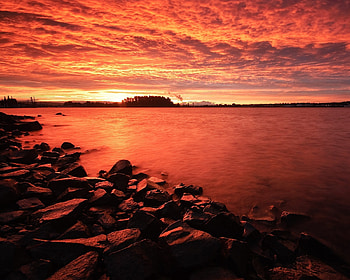 red beach, sand, graphy, rocks, red, clouds, sky, water, sun, sunset, ocean HD wallpaper