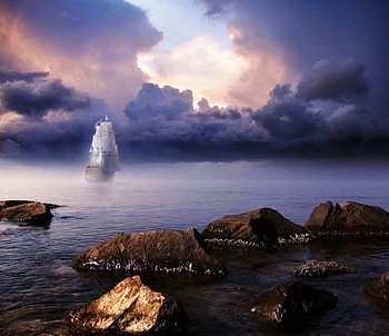 Lost forever The Flying Dutchman, blue, sea, flying dutchman, doomed, sails, rocks, light, clouds, sky HD wallpaper