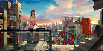 Asian Girl Sitting On Roffside 1, alone, artist, artwork, digital-art, 1 HD wallpaper